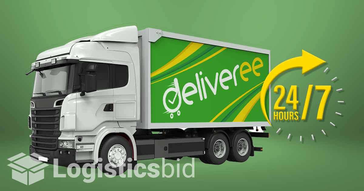 Ilustrasi truk Deliveree dan jam operasional 24/7