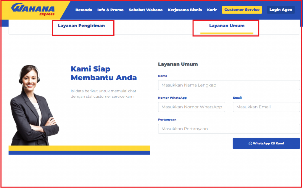 Tampilan Chat CS Wahana via Website