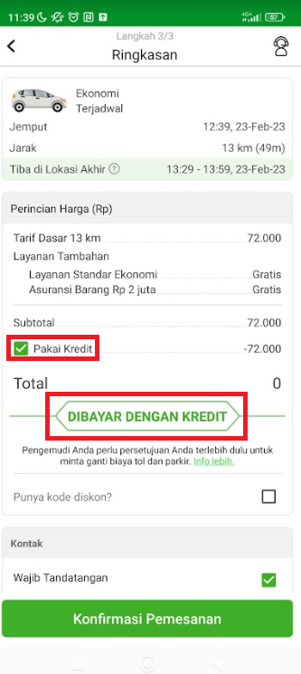 Tampilan Langkah 3 Pemesanan untuk Aktifkan Kredit