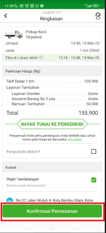 Tampilan konfirmasi pesanan