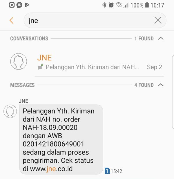 SMS resi JNE Express